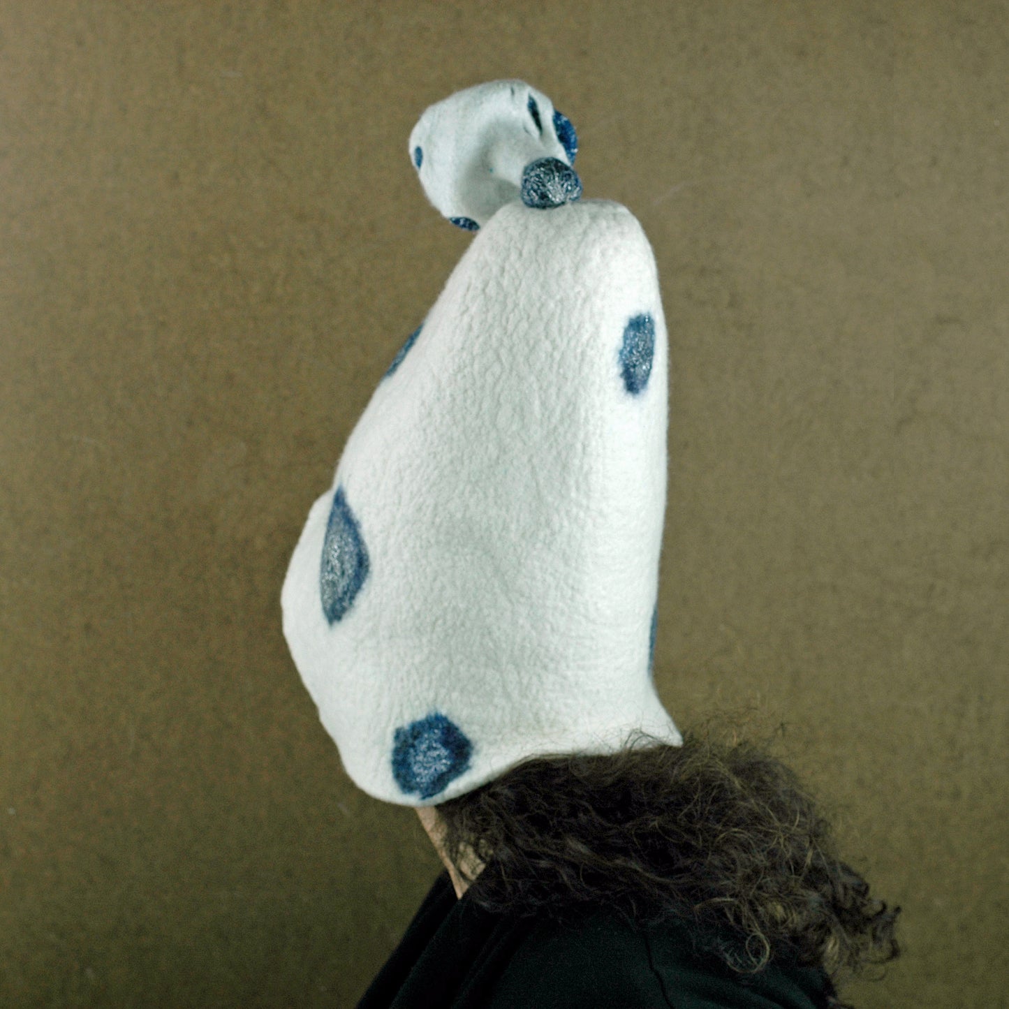 White Mushroom Hat with Blue Polka Dots -back view