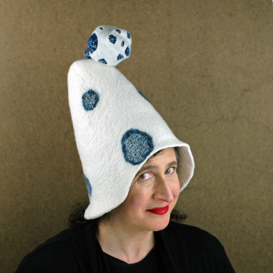 White Mushroom Hat with Blue Polka Dots