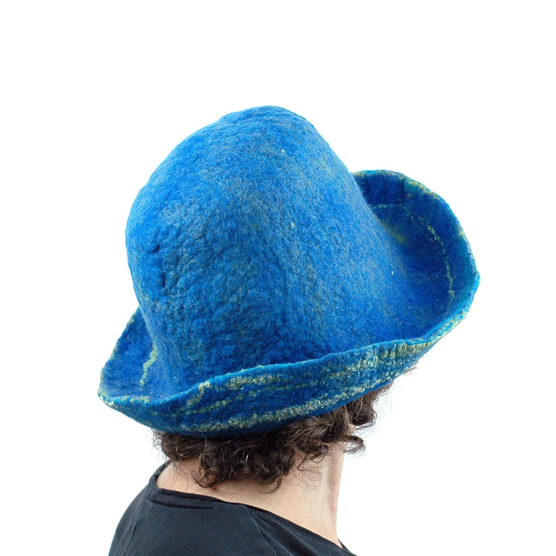 Wide Brimmed Blue and Yellow Starry Night Felted Hat - back view