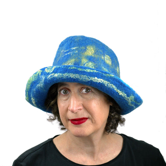Wide Brimmed Blue and Yellow Starry Night Felted Hat - front view