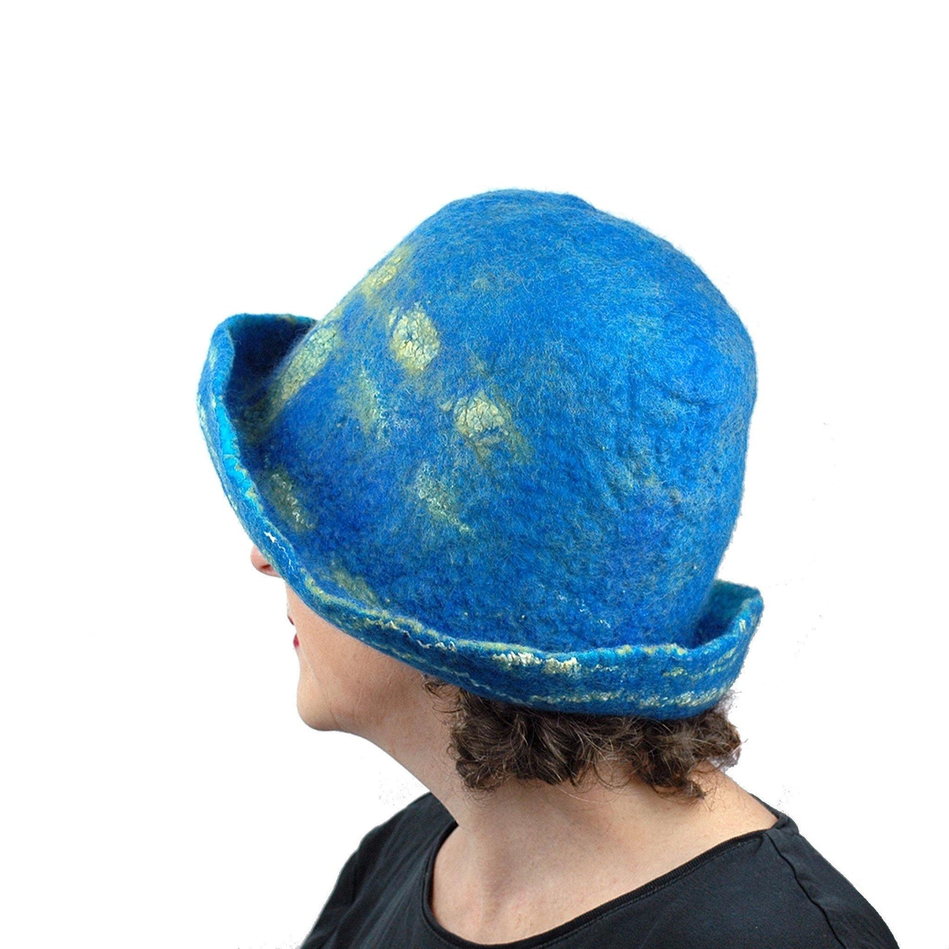 Wide Brimmed Blue and Yellow Starry Night Felted Hat - side view