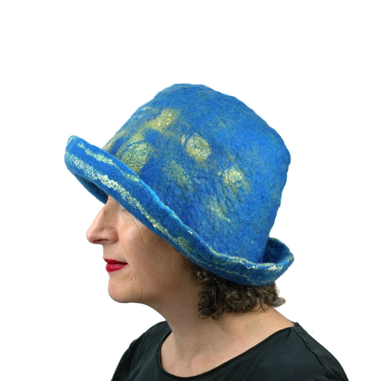 Wide Brimmed Blue and Yellow Starry Night Felted Hat - side view