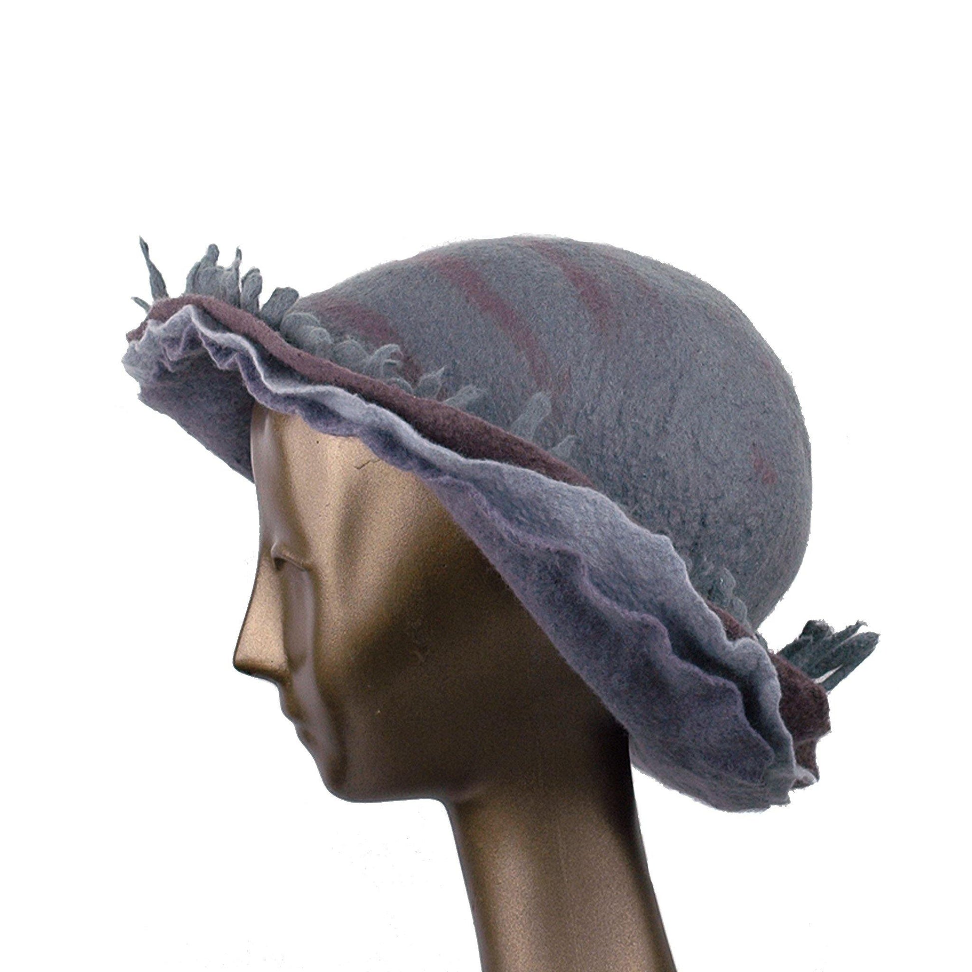 Wide Brimmed Felted Hat with Fringe in Neutral Colors - side view