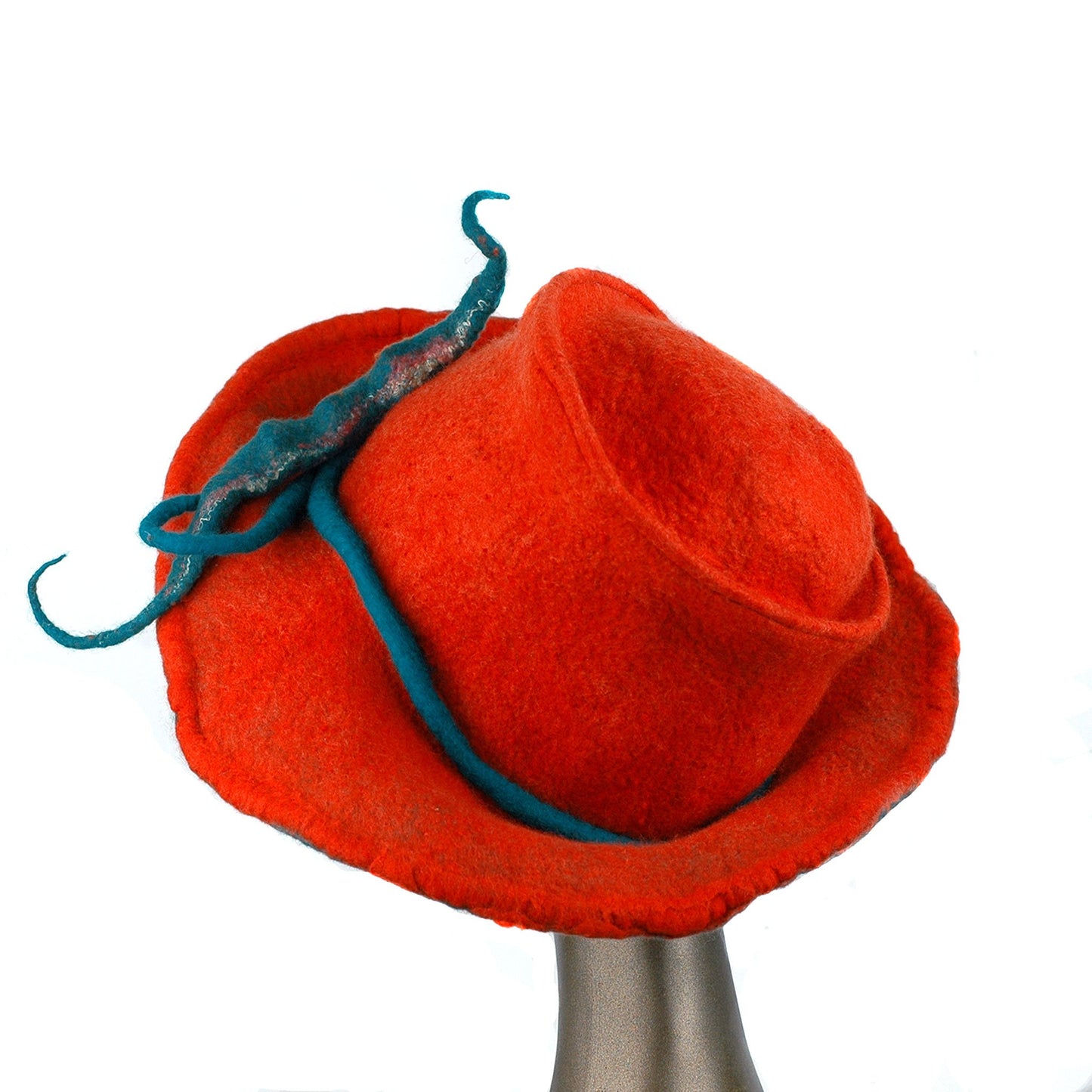 Wide Brimmed Orange Felted Hat with Peapod - back view