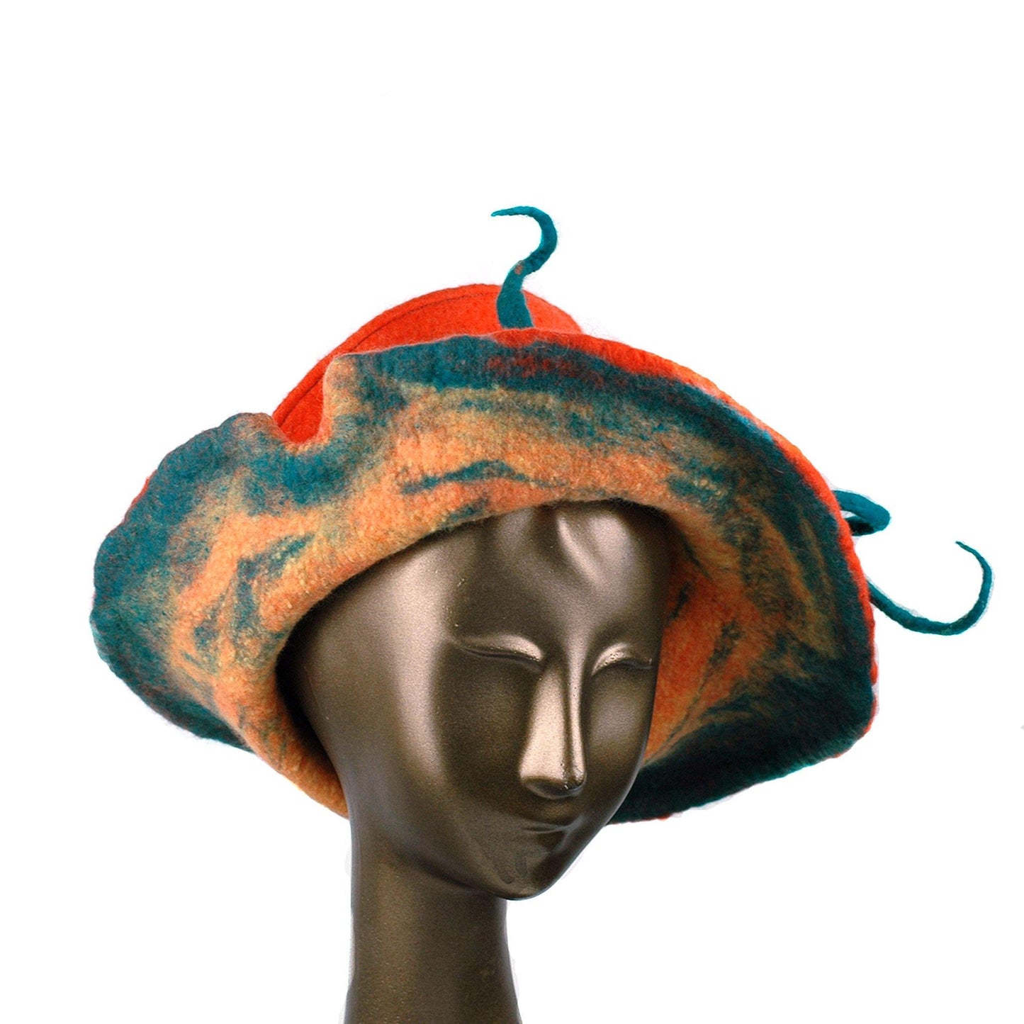 Wide Brimmed Orange Felted Hat with Peapod - front view