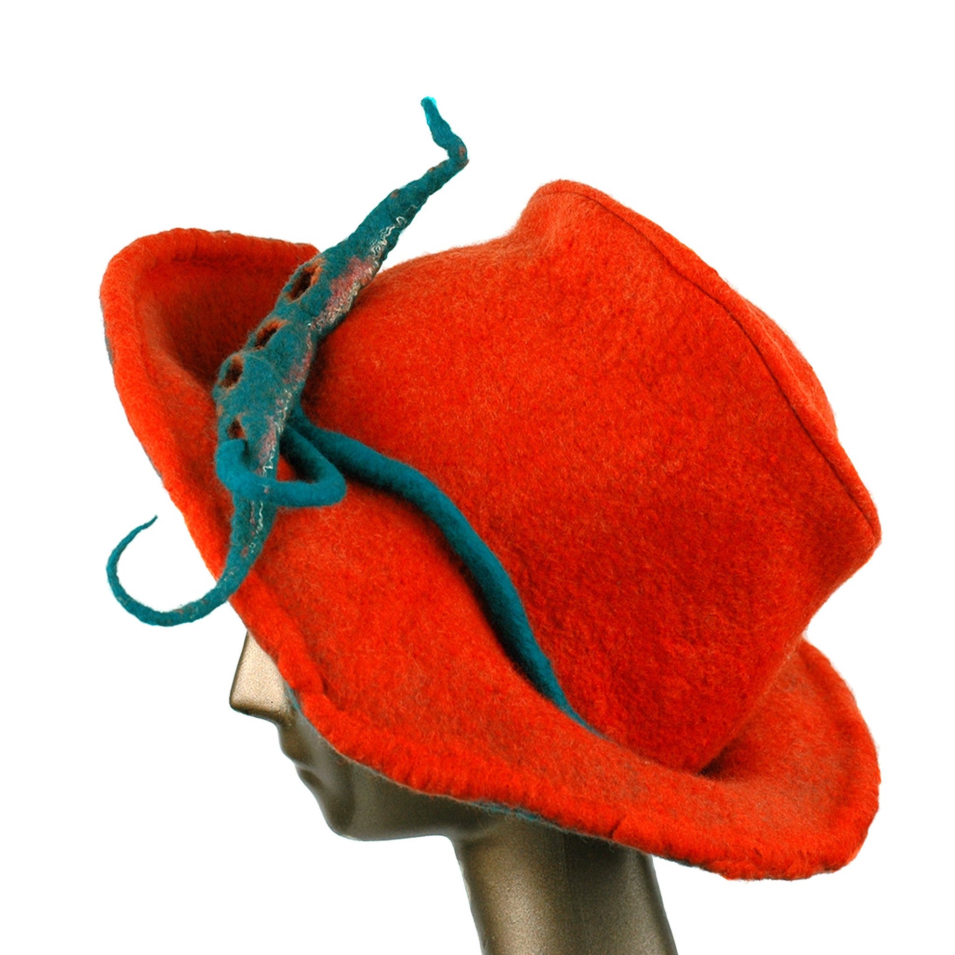 Wide Brimmed Orange Felted Hat with Peapod - side view