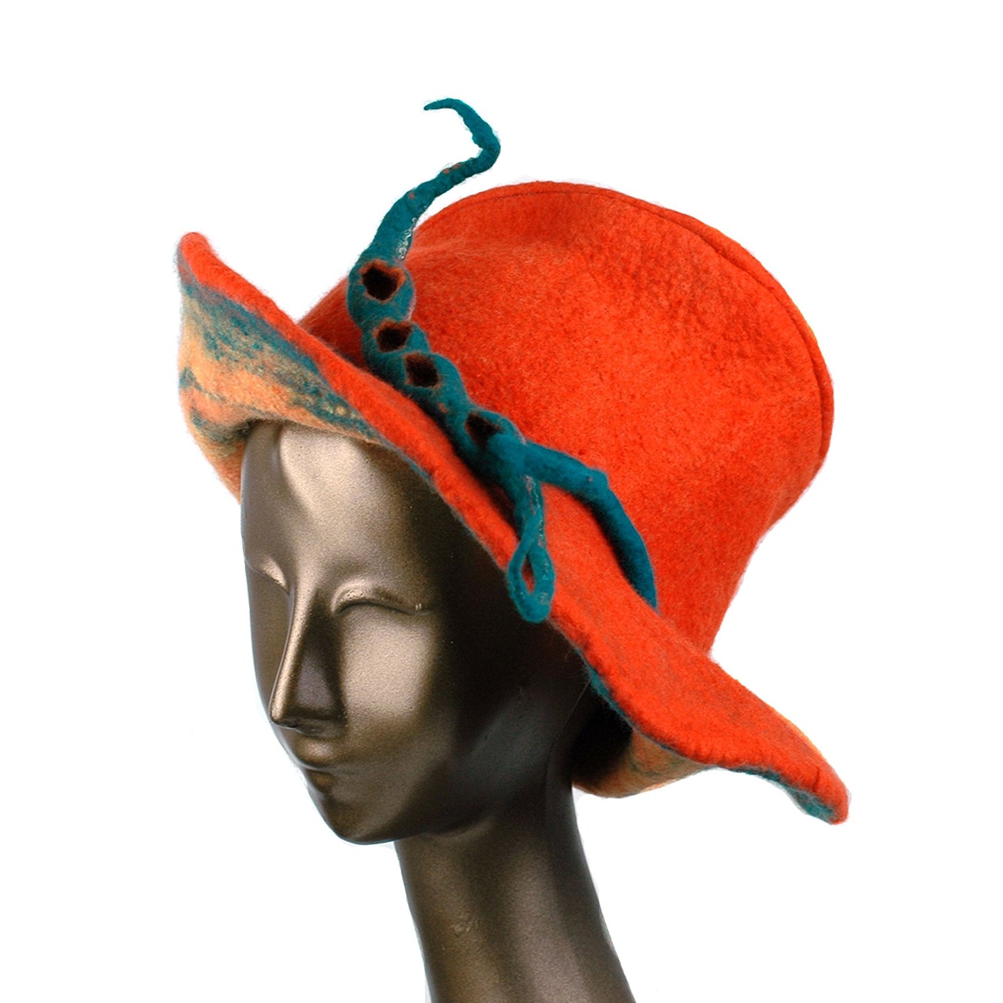 Wide Brimmed Orange Felted Hat with Peapod - three quarters view
